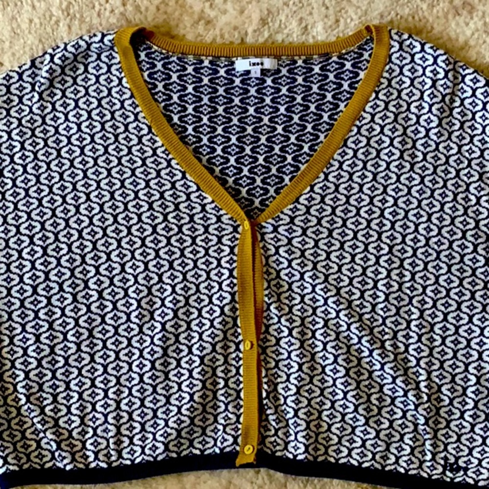 Anthropologie blue/cream Cropped cotton sweater with 3/4 sleeves M/L iloo